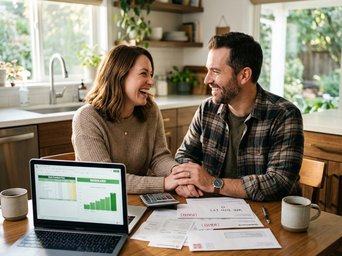 American couple smiling with relief after resolving credit card debt